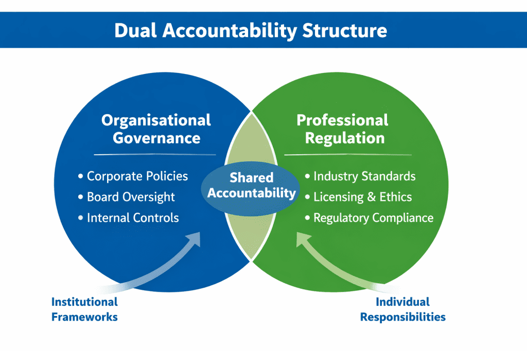 Dual accountability structure showing organisational governance and regulatory oversight in regulated environments